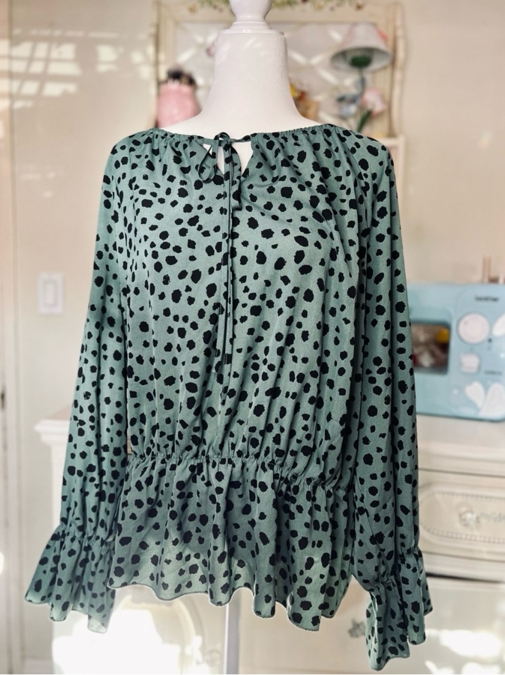 Women’s Sage Green Polka Dot Peasant Blouse